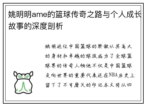 姚明明ame的篮球传奇之路与个人成长故事的深度剖析
