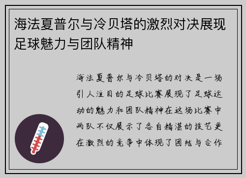 海法夏普尔与冷贝塔的激烈对决展现足球魅力与团队精神